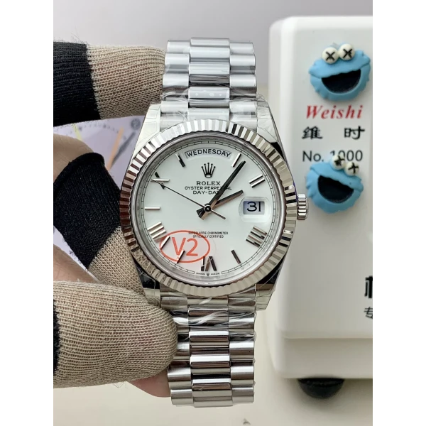VS Factory (V2) Rolex Day-Date 40mm White Roman Dial Fluted Bezel President Bracelet (228239) 1:1 Super Clone – DD3255 Movement