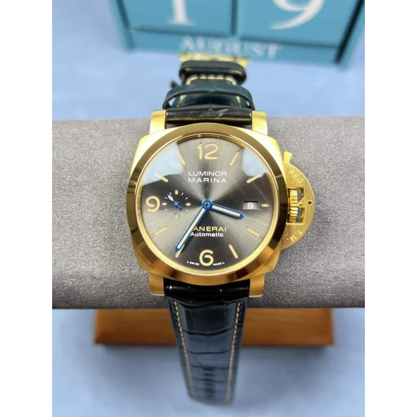 VS Factory Panerai Luminor Marina 44mm Grey Dial Luminous Arabic Numerals Yellow Gold Plated Smooth Bezel (PAM01115) 1:1 Super Clone - DDP.9010 Movement