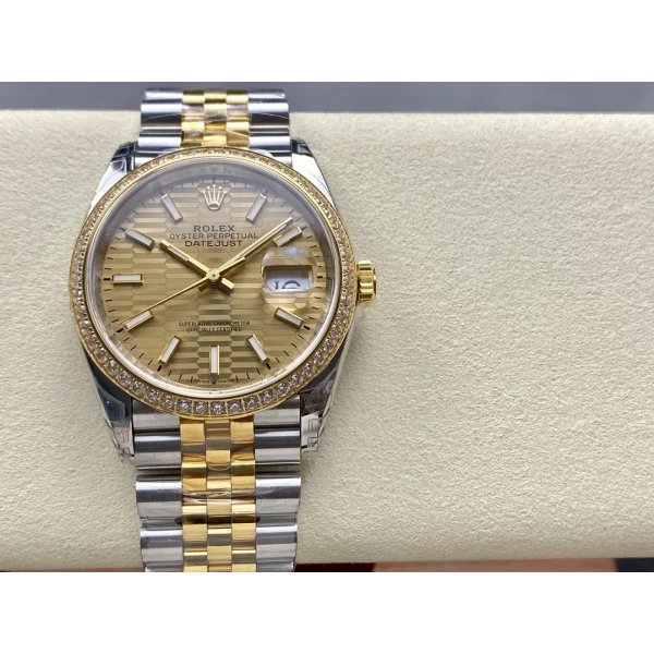 VS Factory Rolex Datejust 36 Two-Tone Yellow Gold Diamond Bezel Golden Fluted Motif (126283RBR) 1:1 Super Clone – DD3235 Movement
