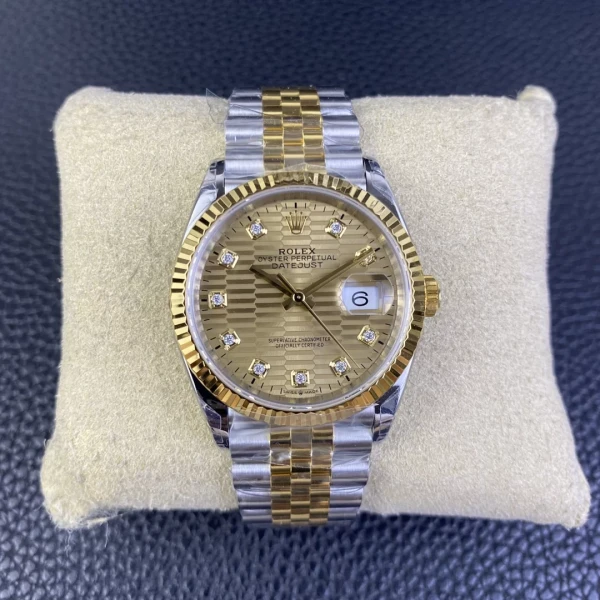 VS Factory Rolex Datejust 36mm Two-Tone Yellow Gold Golden Fluted Motif Diamond Dial Jubilee Bracelet (126233) 1:1 Super Clone – DD3235 Movement