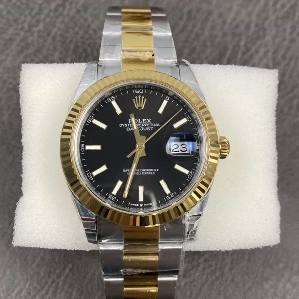 VS Factory Rolex Datejust 41mm Two-Tone Yellow Gold Black Sunburst Dial Fluted Bezel Oyster Bracelet (126333) 1:1 Super Clone – DD3235 Movement