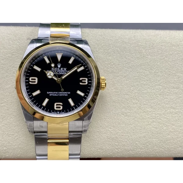 VS Factory Rolex Explorer 36mm Two-Tone Yellow Gold Black “3-6-9” Dial Smooth Bezel Oyster Bracelet (124273) 1:1 Super Clone – DD3230 Movement