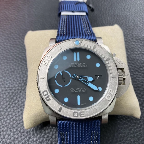 VS Factory Panerai Submersible 47mm Black Dial Blue Luminous Dots, Indexes, and Skeletonized Hands Titanium Bezel Blue Fabric Strap(PAM00985) 1:1 Super Clone - DDP.9010 Movement